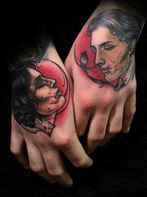 广州纹身,欧美彩色风格的情侣手部肖像纹身图案