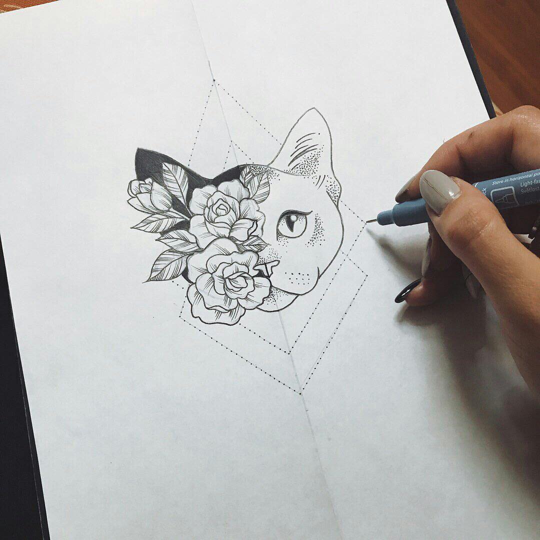 小腿彩色猫咪纹身图案