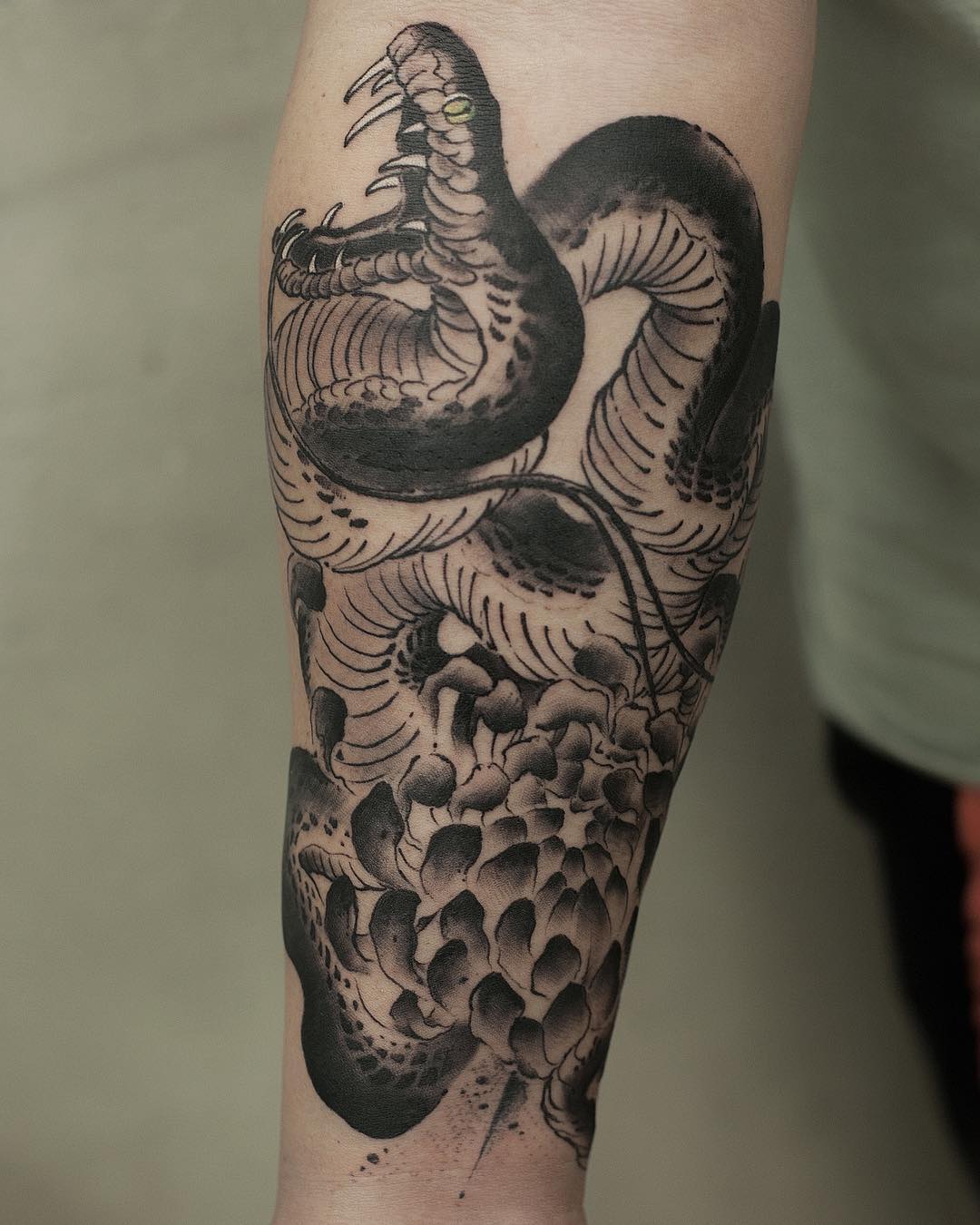 小臂黑灰写实菊花蛇纹身图案