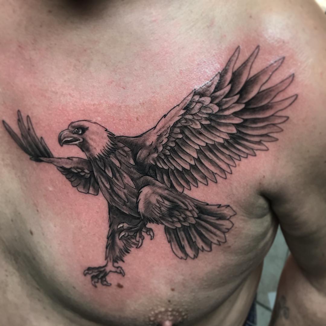胸前黑灰写实鹰纹身图案